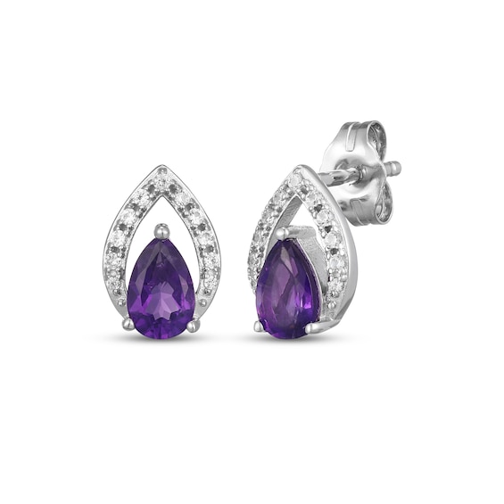 Pear-Shaped Amethyst & White Lab-Created Sapphire Halo Stud Earrings Sterling Silver