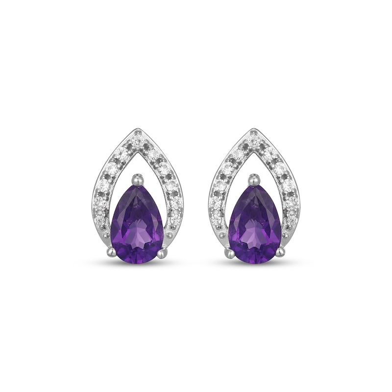 Main Image 2 of Pear-Shaped Amethyst & White Lab-Created Sapphire Halo Stud Earrings Sterling Silver