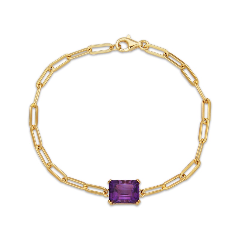 Main Image 1 of Emerald-Cut Amethyst Solitaire Paperclip Chain Bracelet 18K Gold-Plated Sterling Silver 7.25"