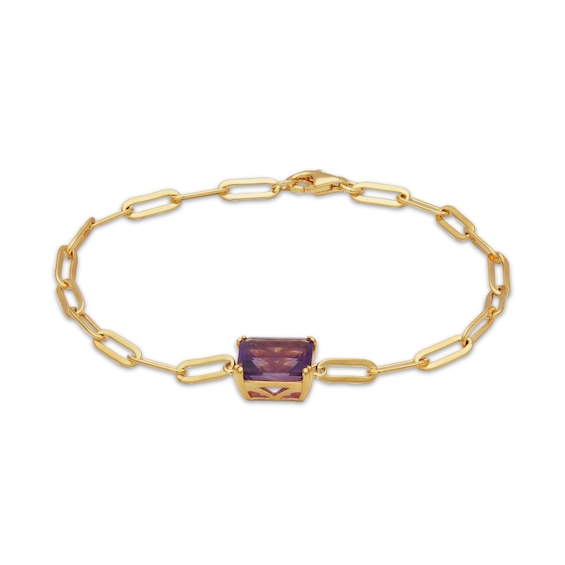 Thumbnail Image 2 of Emerald-Cut Amethyst Solitaire Paperclip Chain Bracelet 18K Gold-Plated Sterling Silver 7.25"