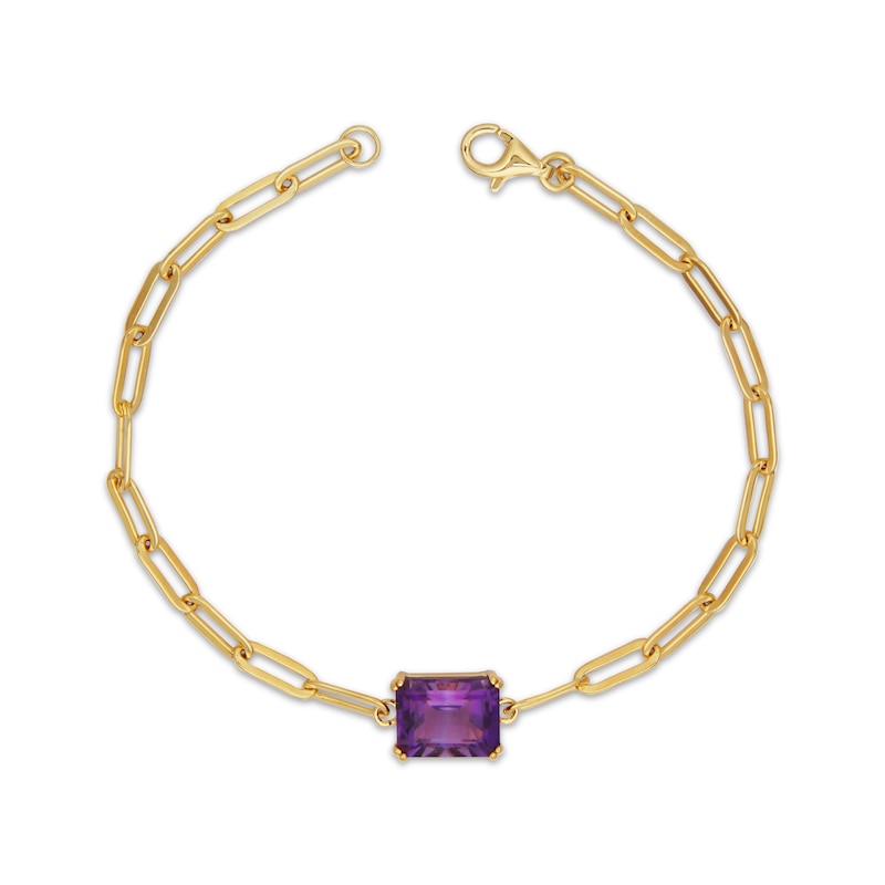 Main Image 3 of Emerald-Cut Amethyst Solitaire Paperclip Chain Bracelet 18K Gold-Plated Sterling Silver 7.25"