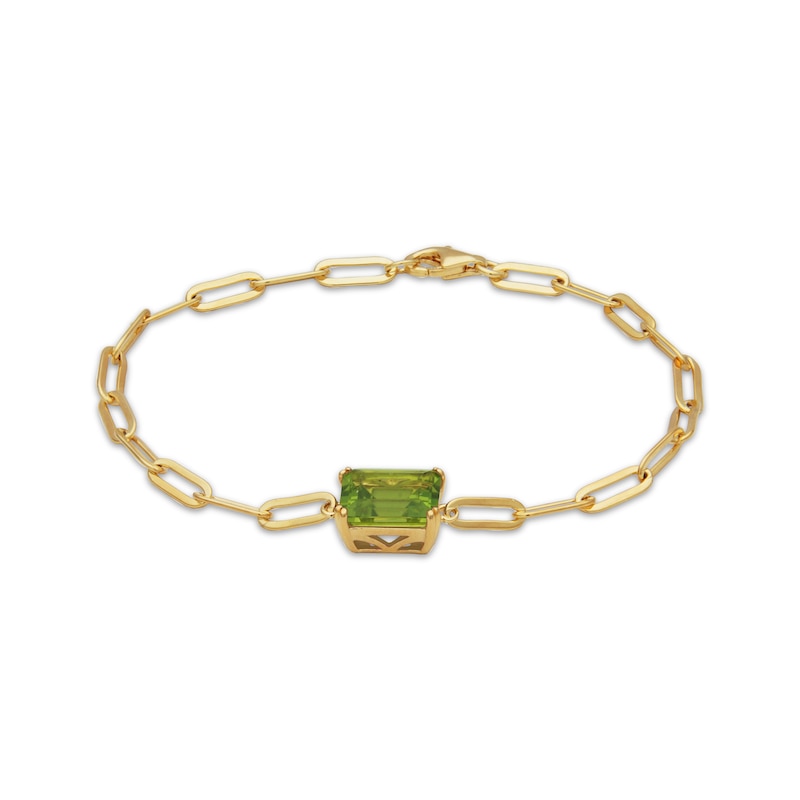 Main Image 2 of Emerald-Cut Peridot Solitaire Paperclip Chain Bracelet 18K Gold-Plated Sterling Silver 7.25"