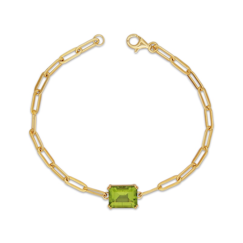 Main Image 3 of Emerald-Cut Peridot Solitaire Paperclip Chain Bracelet 18K Gold-Plated Sterling Silver 7.25"