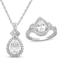 Pear-Shaped White Lab-Created Sapphire Halo Gift Set Sterling Silver