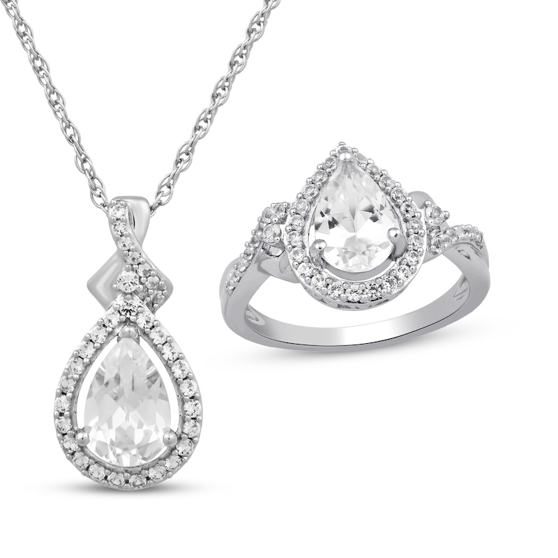 Main Image 1 of Pear-Shaped White Lab-Created Sapphire Halo Gift Set Sterling Silver