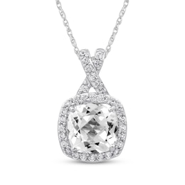 Cushion-Cut White Lab-Created Sapphire Halo Necklace Sterling Silver 18"