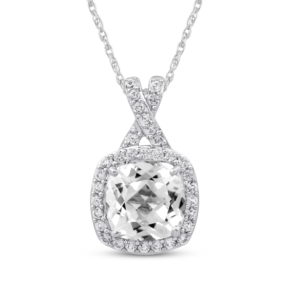Cushion-Cut White Lab-Created Sapphire Halo Necklace Sterling Silver 18"