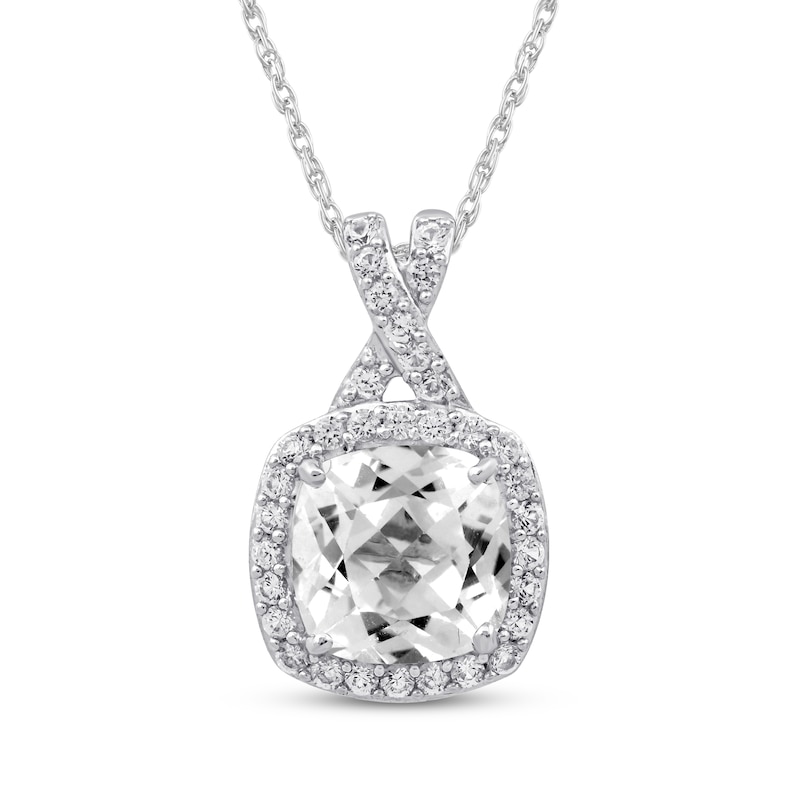 Main Image 1 of Cushion-Cut White Lab-Created Sapphire Halo Necklace Sterling Silver 18"