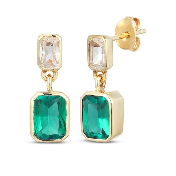 STUDIO BY KAY Emerald-Cut Lab-Created Emerald & White Lab-Created Sapphire Bezel-Set Dangle Earrings 24K Yellow Gold Vermeil Sterling Silver