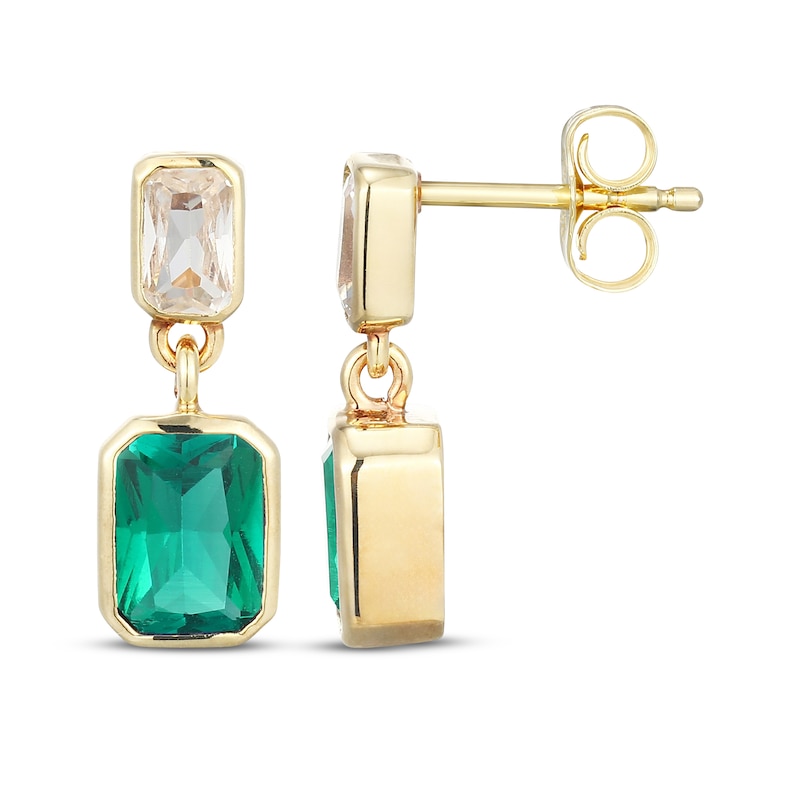 Main Image 3 of STUDIO BY KAY Emerald-Cut Lab-Created Emerald & White Lab-Created Sapphire Bezel-Set Dangle Earrings 24K Yellow Gold Vermeil Sterling Silver
