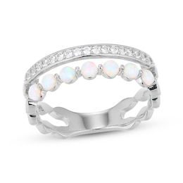 Lab-Created Opal & White Lab-Created Sapphire Two-Row Ring Sterling Silver