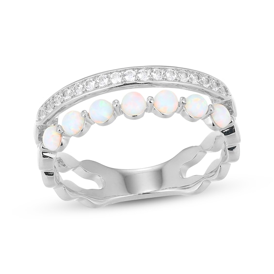 Lab-Created Opal & White Lab-Created Sapphire Two-Row Ring Sterling Silver