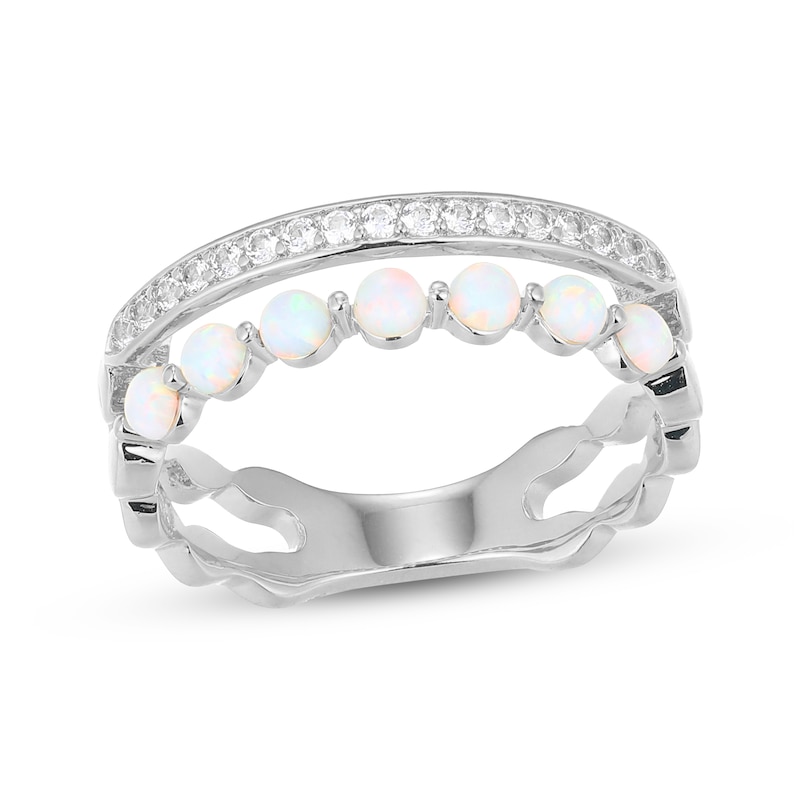 Main Image 1 of Lab-Created Opal & White Lab-Created Sapphire Two-Row Ring Sterling Silver
