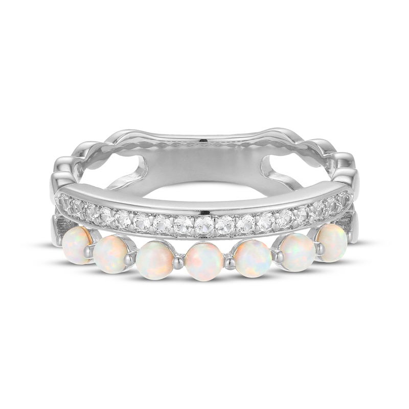 Main Image 3 of Lab-Created Opal & White Lab-Created Sapphire Two-Row Ring Sterling Silver