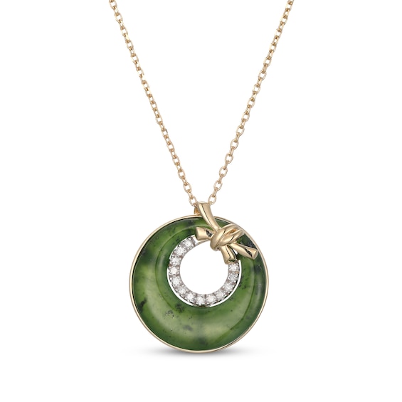 Nephrite Jade & Diamond Open Circle Knot Necklace 1/10 ct tw 14K Yellow Gold 18"