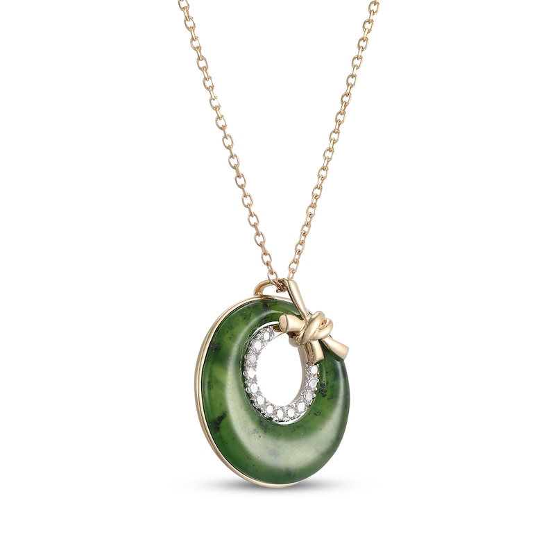 Main Image 2 of Nephrite Jade & Diamond Open Circle Knot Necklace 1/10 ct tw 14K Yellow Gold 18"