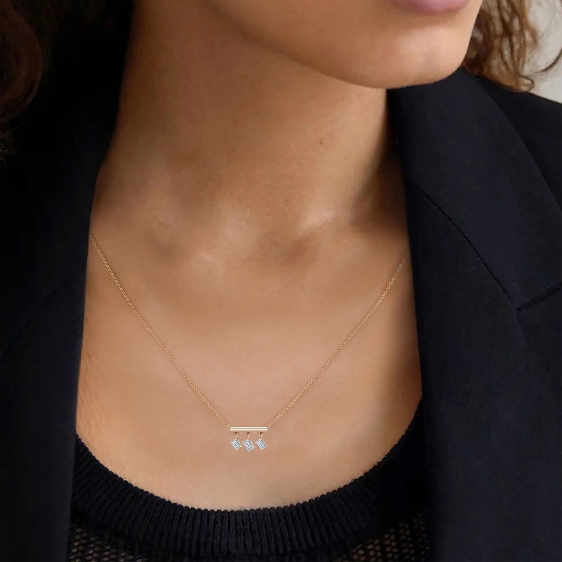 Main Image 6 of STUDIO BY KAY Emerald-Cut Lab-Grown Diamond Three-Stone Dangle Bar Necklace 1/2 ct tw 24K Yellow Gold Vermeil Sterling Silver 18"