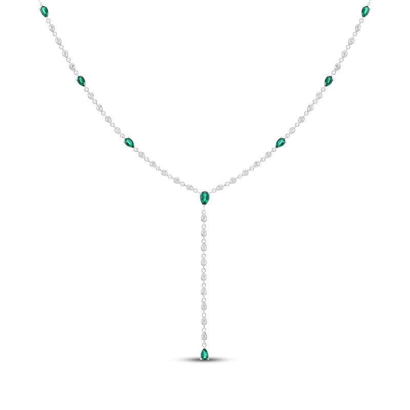 Main Image 1 of Pear-Shaped Lab-Created Emerald & White Lab-Created Sapphire Y-Drop Necklace Sterling Silver 18"
