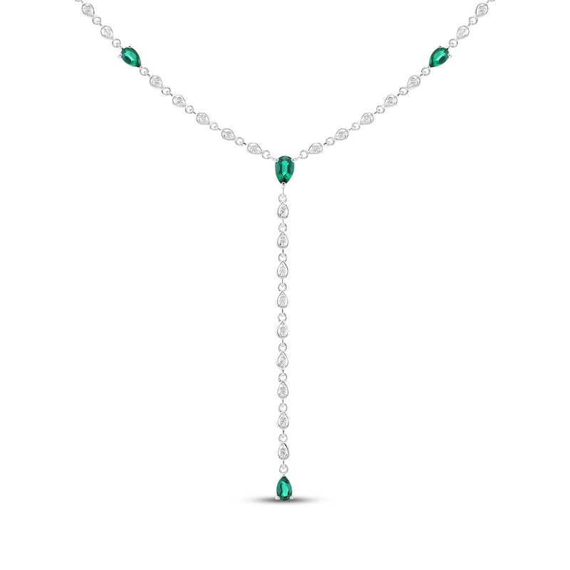 Main Image 2 of Pear-Shaped Lab-Created Emerald & White Lab-Created Sapphire Y-Drop Necklace Sterling Silver 18"