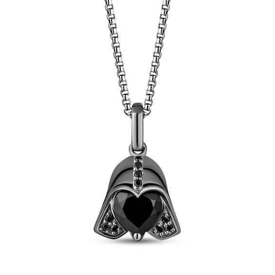Star Wars Darth Vader Heart-Shaped Black Onyx & Black Diamond Helmet Necklace 1/20 ct tw Black Rhodium-Plated Sterling Silver 18"