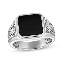 Men's Emerald-Cut Black Onyx Embossed Ring Sterling Silver