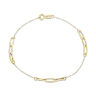 Paperclip Links Trio Station Necklace Hollow 10K Yellow Gold 7.5"