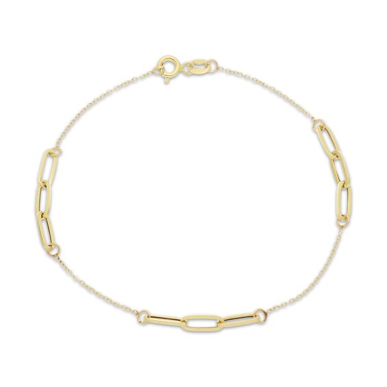 Paperclip Links Trio Station Necklace Hollow 10K Yellow Gold 7.5"