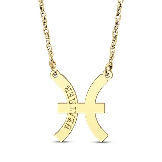 Engravable "Pisces" Zodiac Sign Necklace 14K Yellow Gold 18"