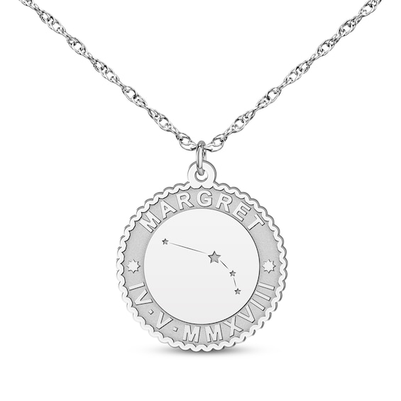 "Aries" Scalloped Name & Date Constellation Necklace 14K White Gold 18"