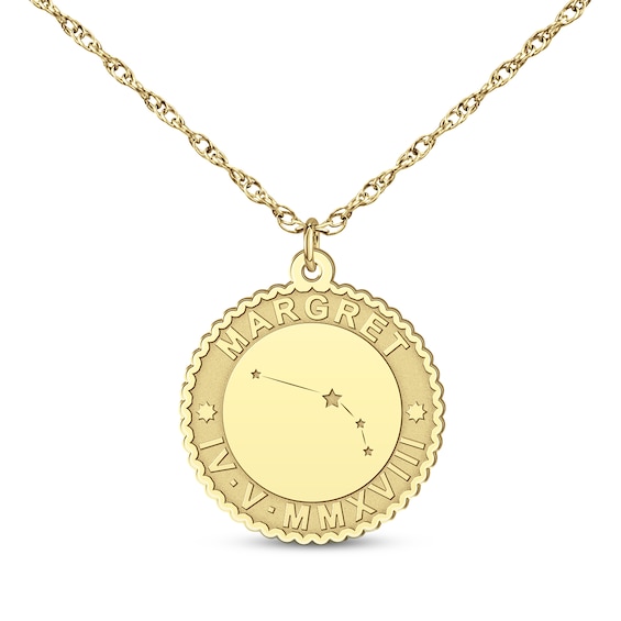 "Aries" Scalloped Name & Date Constellation Necklace 14K Yellow Gold 18"