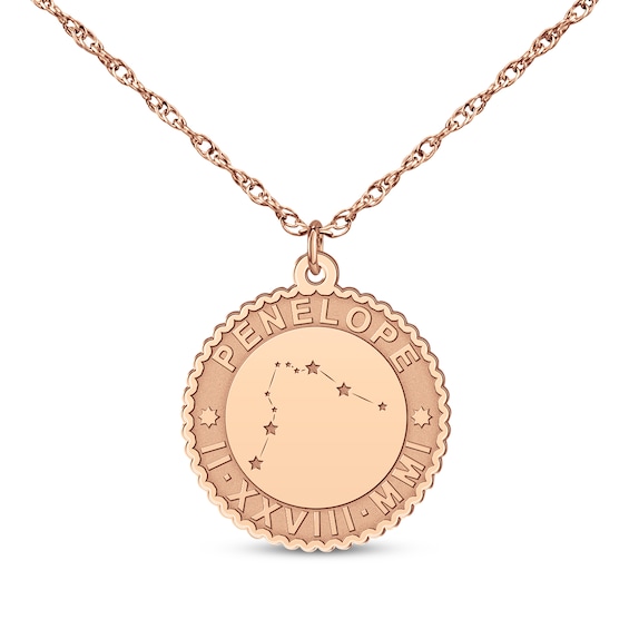"Aquarius" Scalloped Name & Date Constellation Necklace 14K Rose Gold 18"