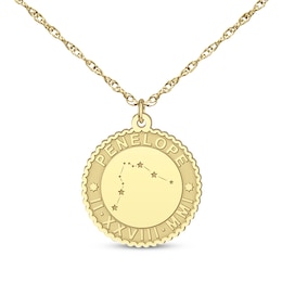 "Aquarius" Scalloped Name & Date Constellation Necklace 14K Yellow Gold 18"