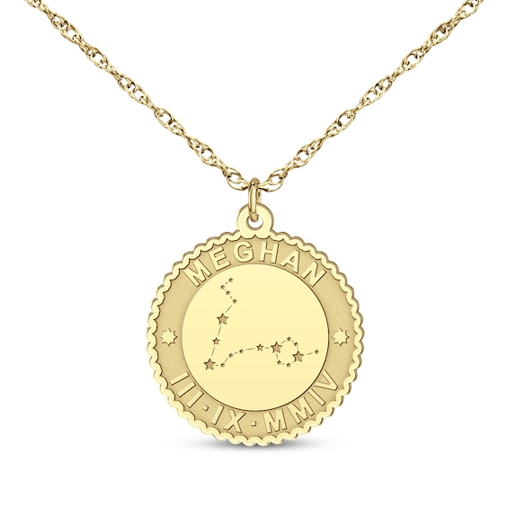 "Pisces" Scalloped Name & Date Constellation Necklace 10K Yellow Gold 18"
