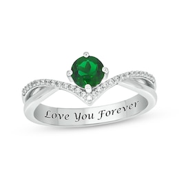 Engravable Lab-Created Emerald & Diamond Chevron Ring 1/10 ct tw Sterling Silver