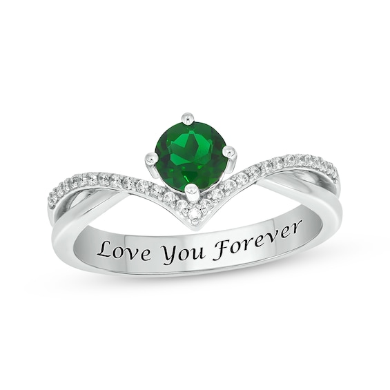 Engravable Lab-Created Emerald & Diamond Chevron Ring 1/10 ct tw Sterling Silver