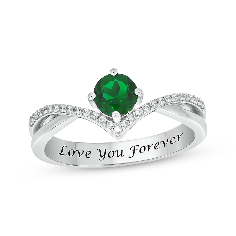 Main Image 1 of Engravable Lab-Created Emerald & Diamond Chevron Ring 1/10 ct tw Sterling Silver