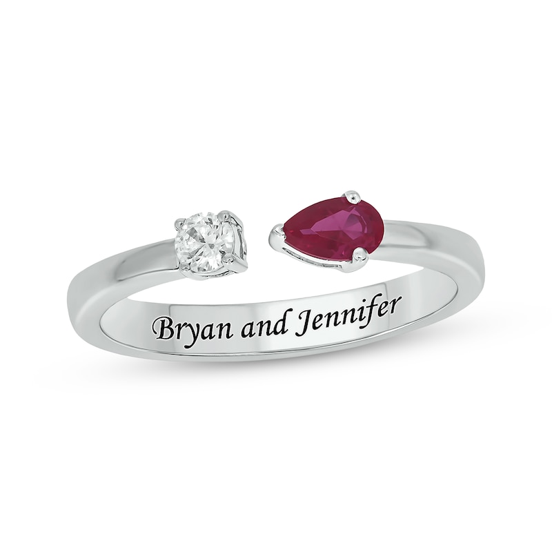 Main Image 1 of Engravable Pear-Shaped Lab-Created Ruby & Round-cut Diamond Deconstructed Ring 1/10 ct tw Sterling Silver