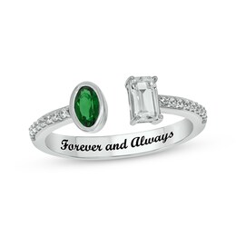 Engravable Oval-Cut Lab-Created Emerald, Emerald-Cut White Lab-Created Sapphire & Diamond Deconstructed Ring 1/10 ct tw Sterling Silver