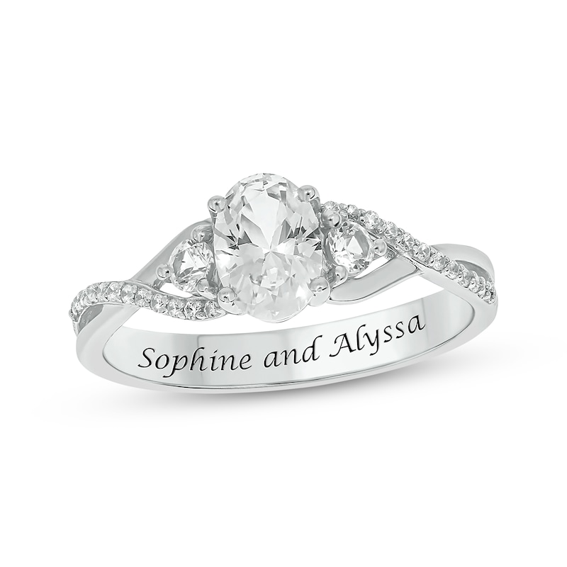 Main Image 1 of Engravable Oval-Cut White Lab-Created Sapphire & Diamond Ring 1/10 ct tw Sterling Silver