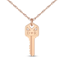 Couple's Initial Diamond Accent Key Necklace 14K Rose Gold 18"