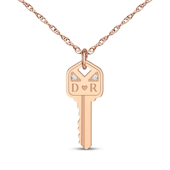 Couple's Initial Diamond Accent Key Necklace 14K Rose Gold 18"