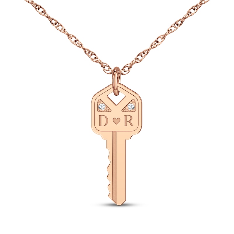 Main Image 1 of Couple's Initial Diamond Accent Key Necklace 14K Rose Gold 18&quot;