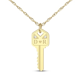 Couple's Initial Diamond Accent Key Necklace 14K Yellow Gold 18"