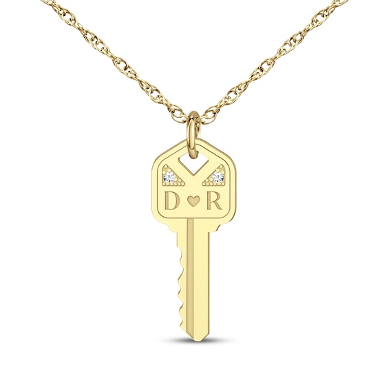 Couple's Initial Diamond Accent Key Necklace 14K Yellow Gold 18"