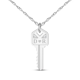 Couple's Initial Diamond Accent Key Necklace Sterling Silver 18"