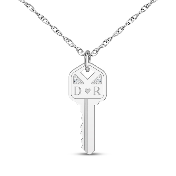 Couple's Initial Diamond Accent Key Necklace Sterling Silver 18"