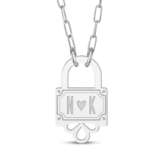 Couple's Initial Padlock Paperclip Chain Necklace Sterling Silver 18"
