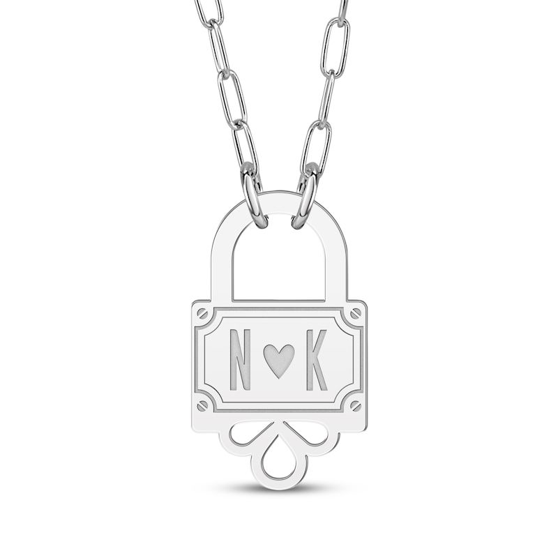 Main Image 1 of Couple's Initial Padlock Paperclip Chain Necklace Sterling Silver 18&quot;