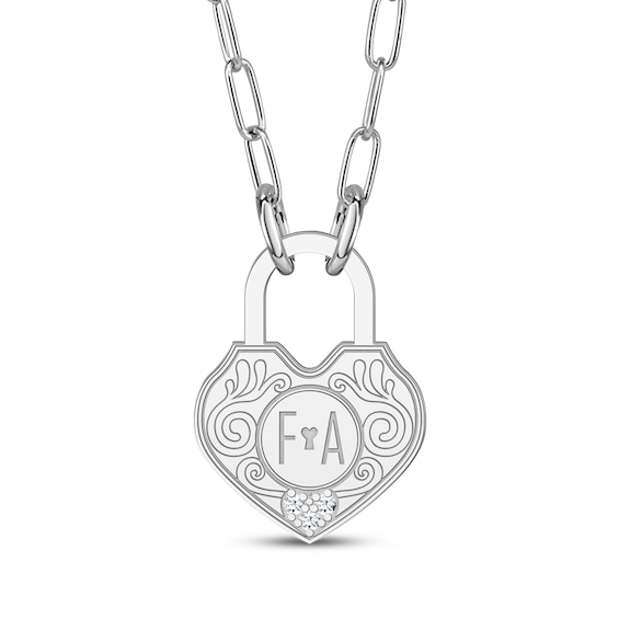 Couple's Diamond Accent Decorative Lock Paperclip Chain Necklace Sterling Silver 18"