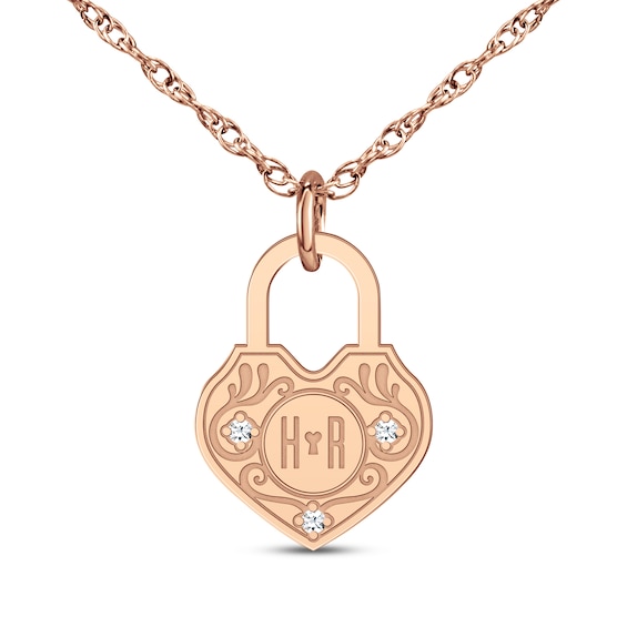Couple's Diamond Accent Heart Lock Necklace 14K Rose Gold 18"